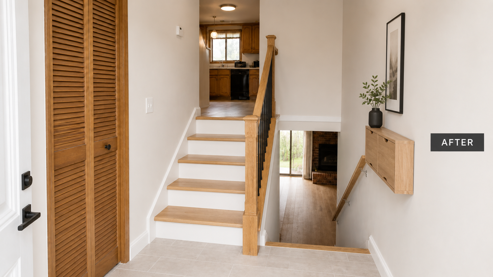 Updated split-level foyer with wood stair treads, black balusters, shallow wall storage, and light tile flooring.