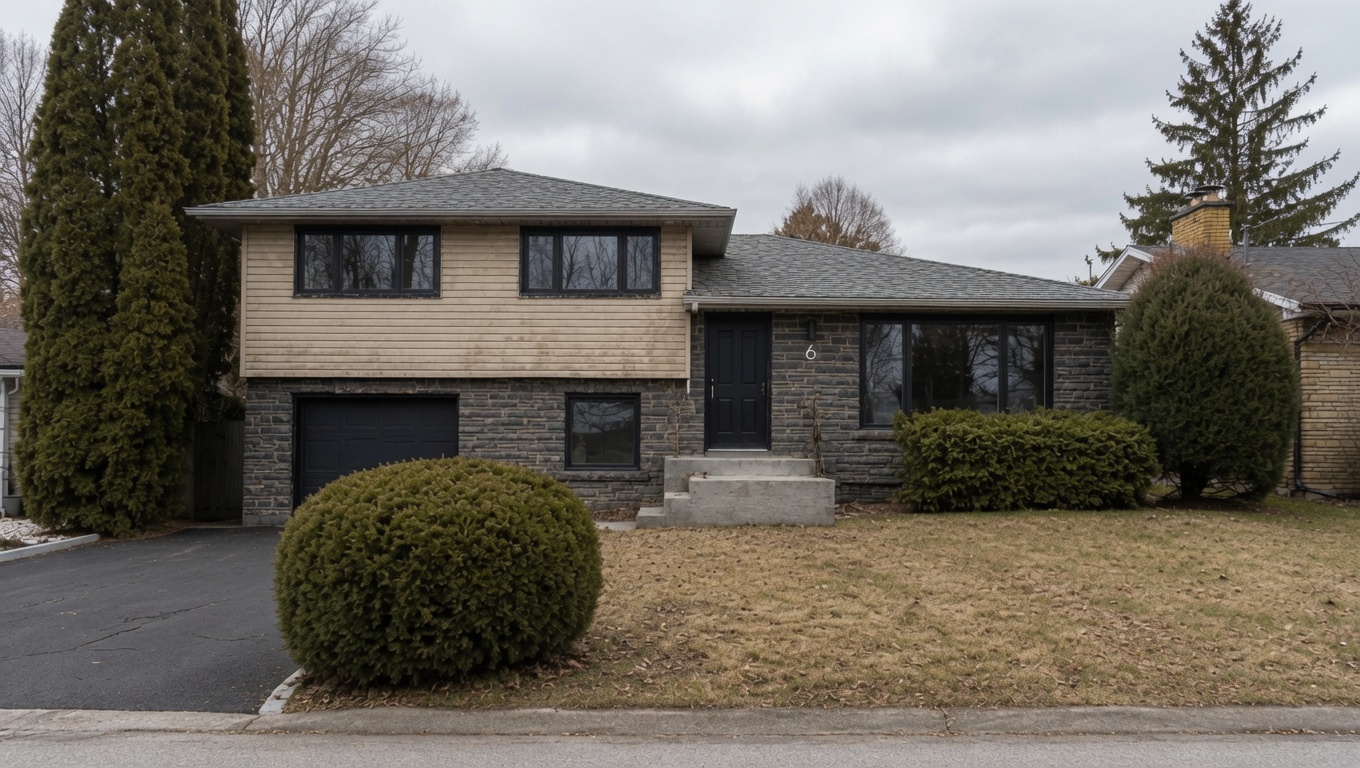 Older split-level house with weathered beige siding, dark masonry, overgrown shrubs, and a small concrete front stoop.