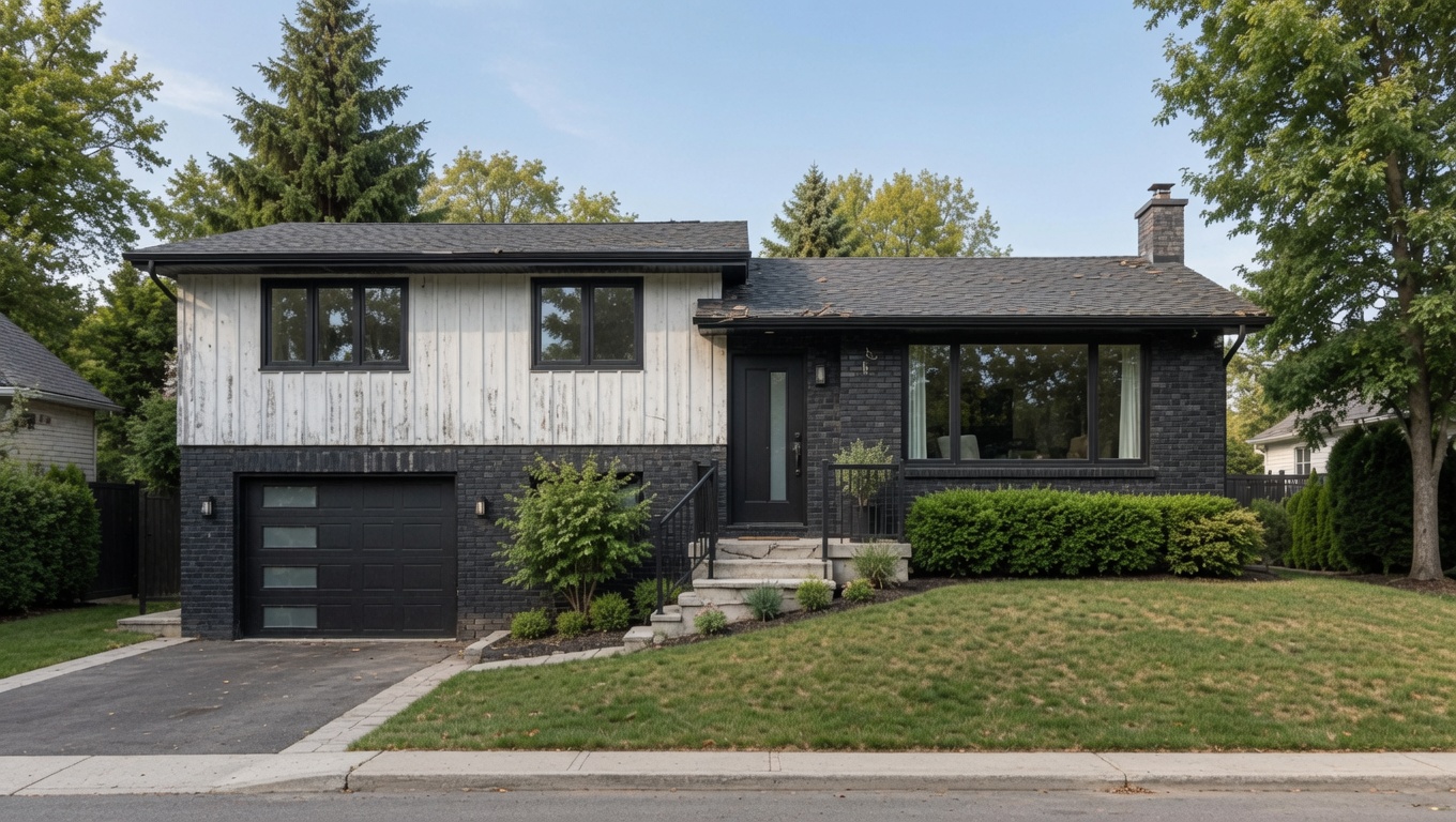 Updated split-level house with dark masonry, weathered light siding, black-framed windows, and a raised front entry.