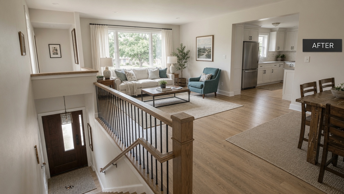 Remodeled split-level main floor with continuous wood flooring, updated railing, refreshed kitchen, living area, and dining space.