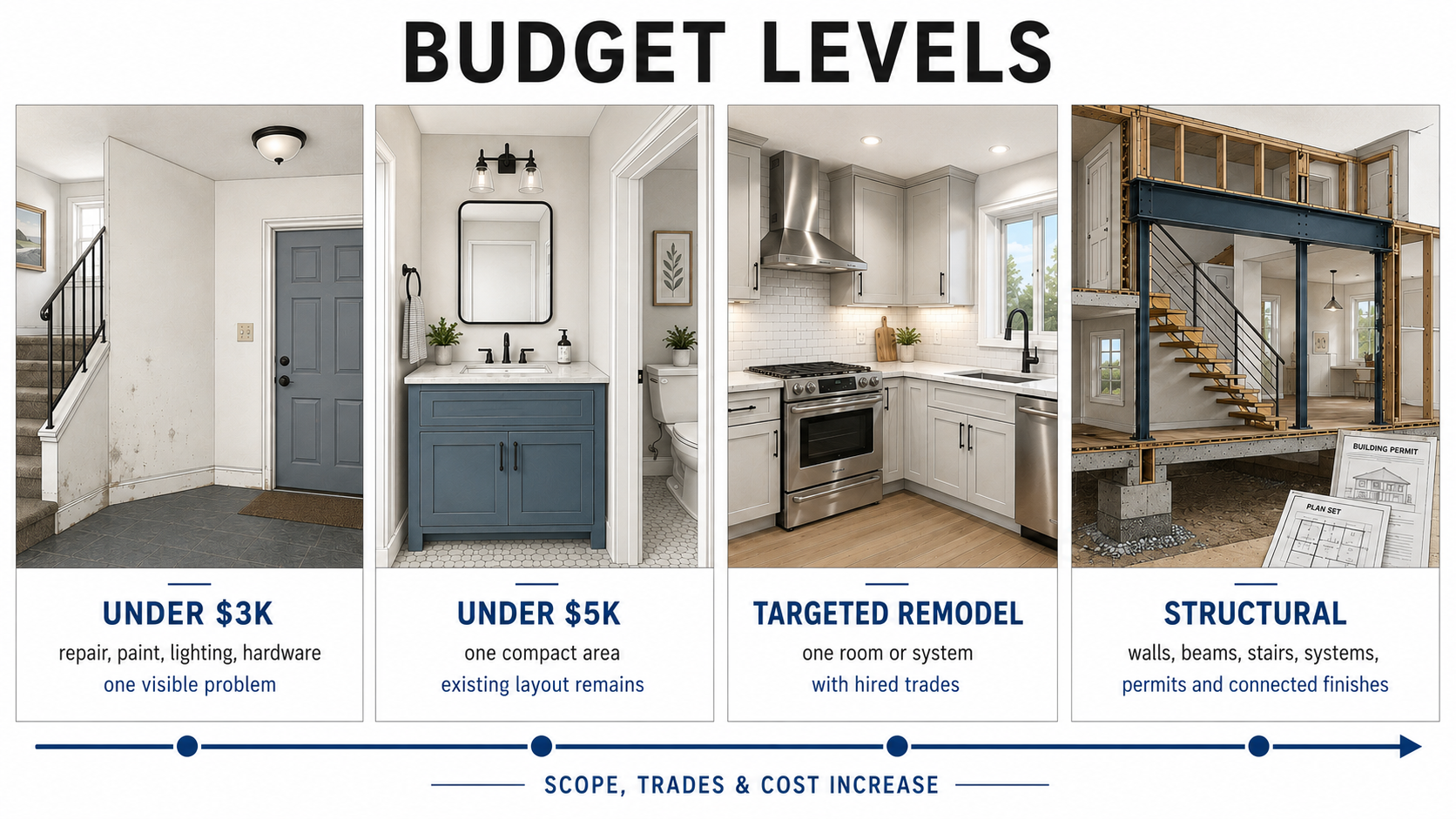 Diagram comparing split-level remodel budget levels from repairs under $3,000 to structural work involving walls, stairs, systems, and permits.