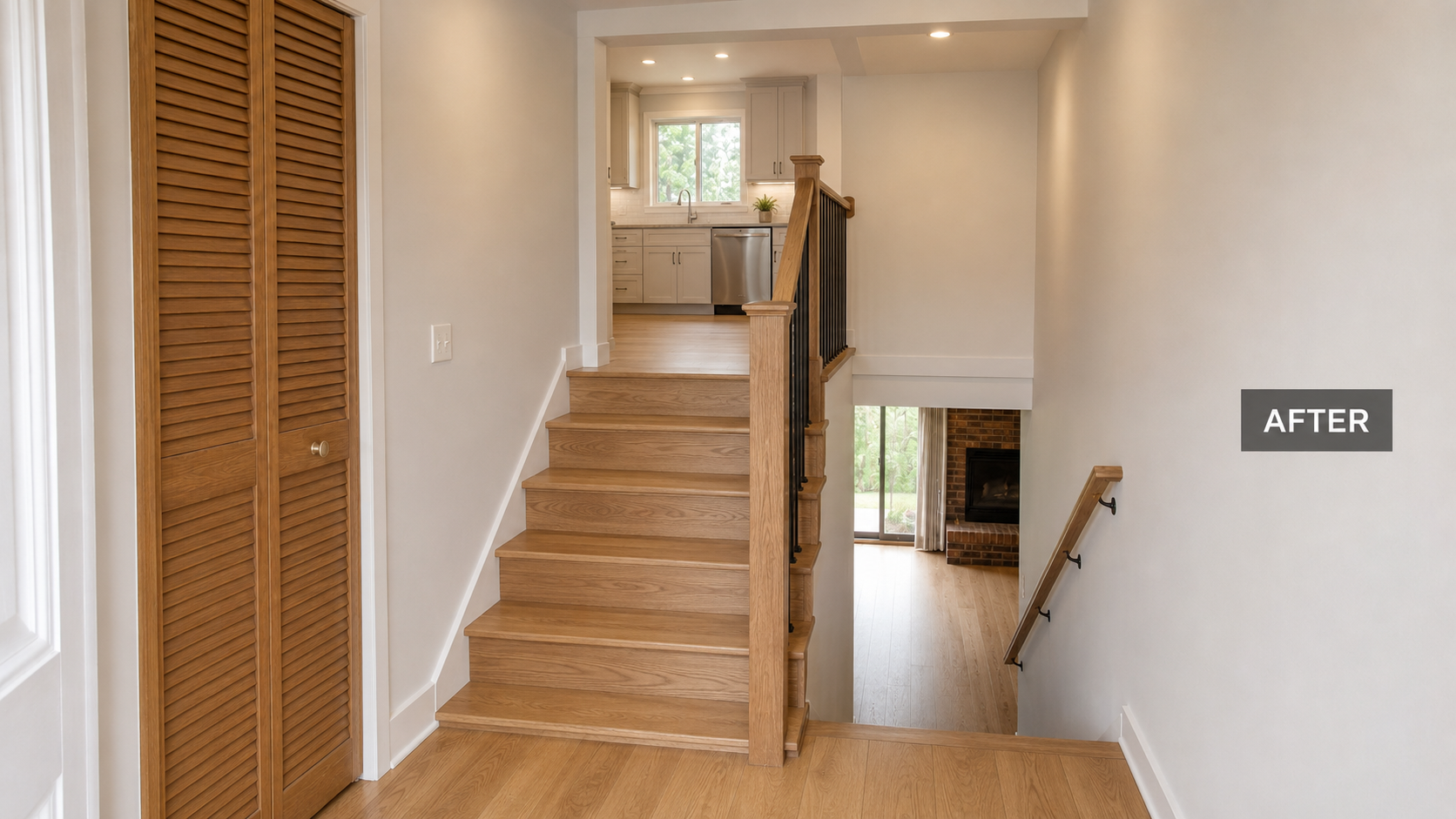 Remodeled split-level entry with oak stairs, safer railings, continuous flooring, and an opened view into an updated kitchen.