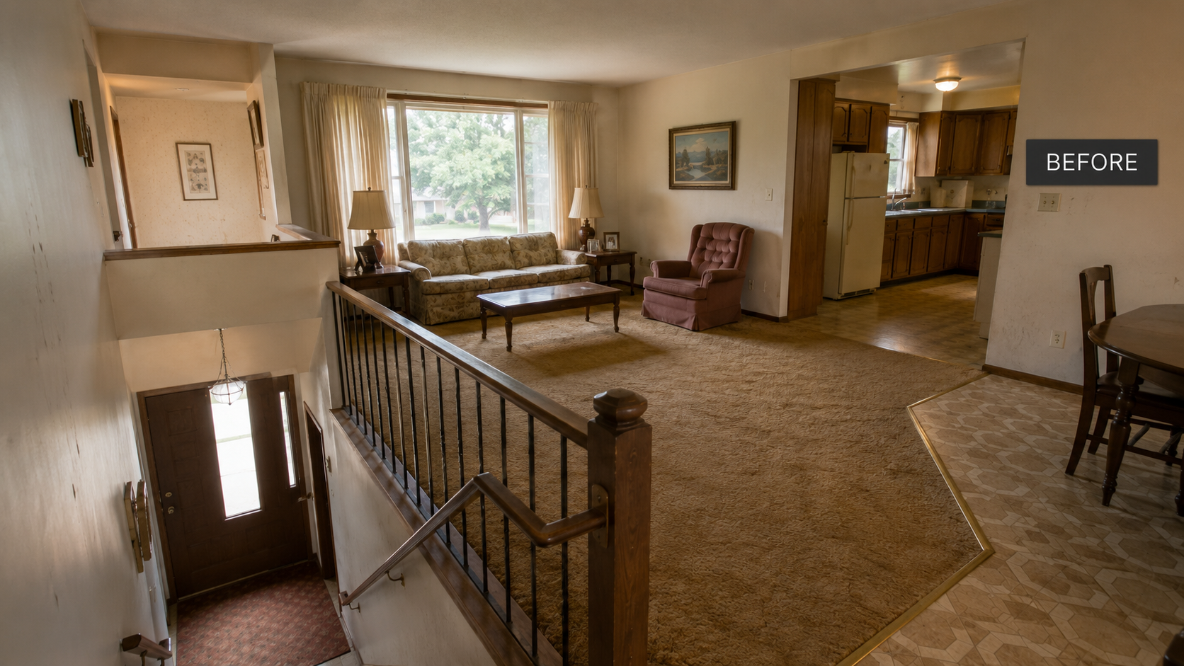 Dated split-level main floor with an enclosed kitchen, carpeted living room, mismatched flooring and stairs overlooking the entry.