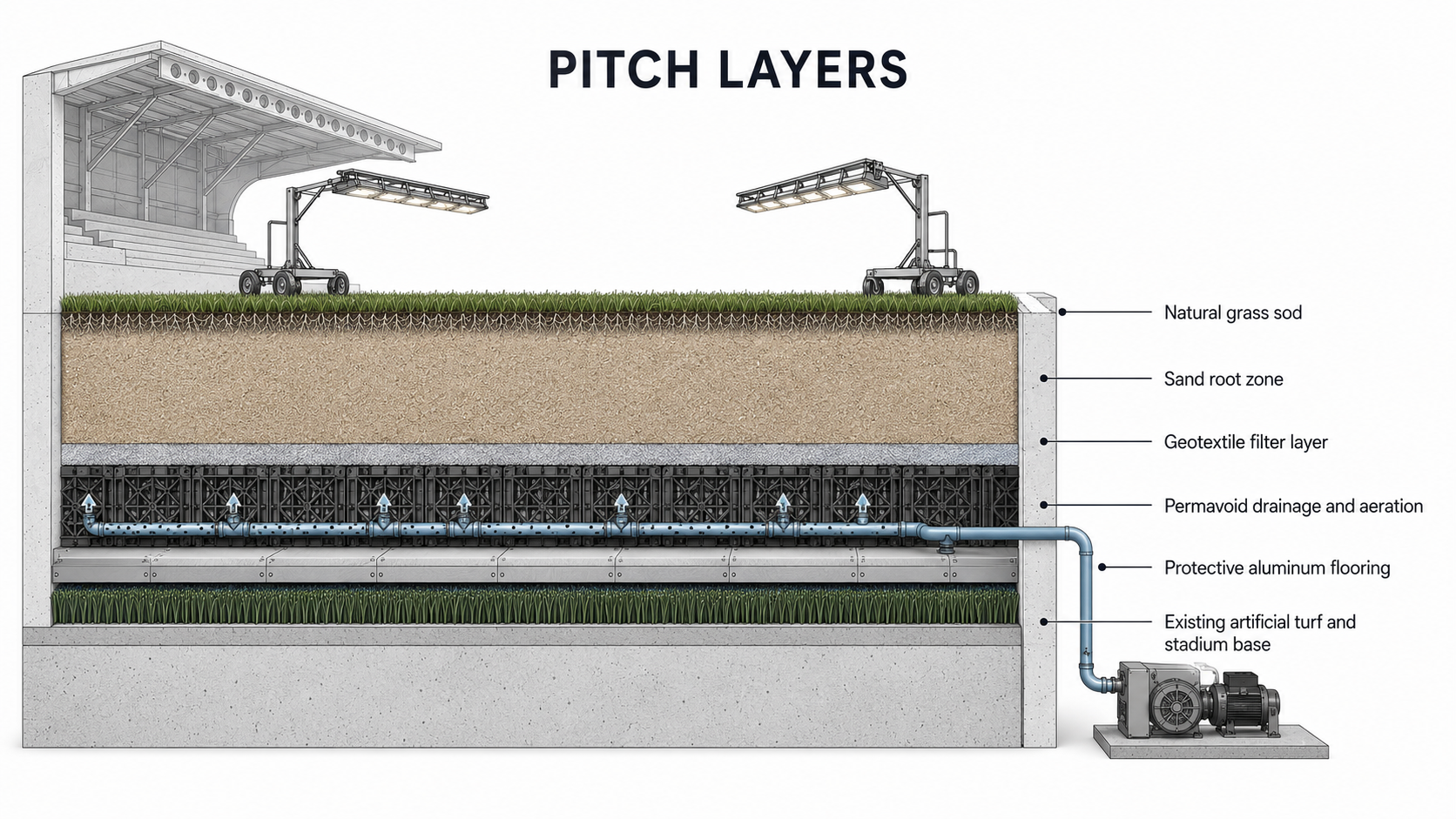 Cutaway showing temporary natural grass, drainage and aeration installed over an existing artificial stadium field.