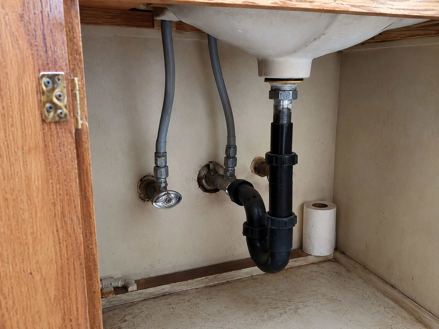 Gray polybutylene water lines under an older bathroom sink.