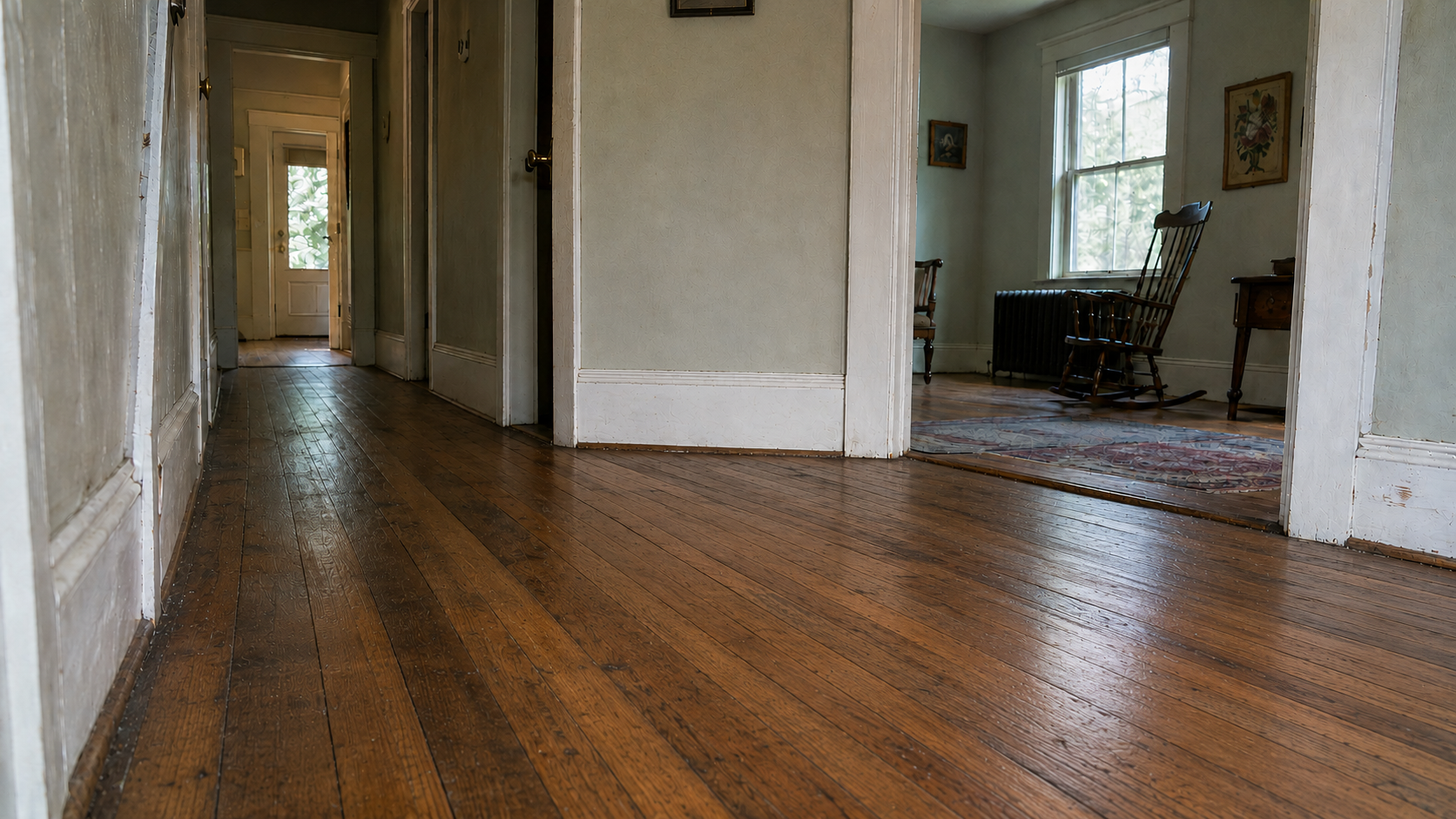 Empty hallway in an old house with original hardwood floors sloping between rooms.