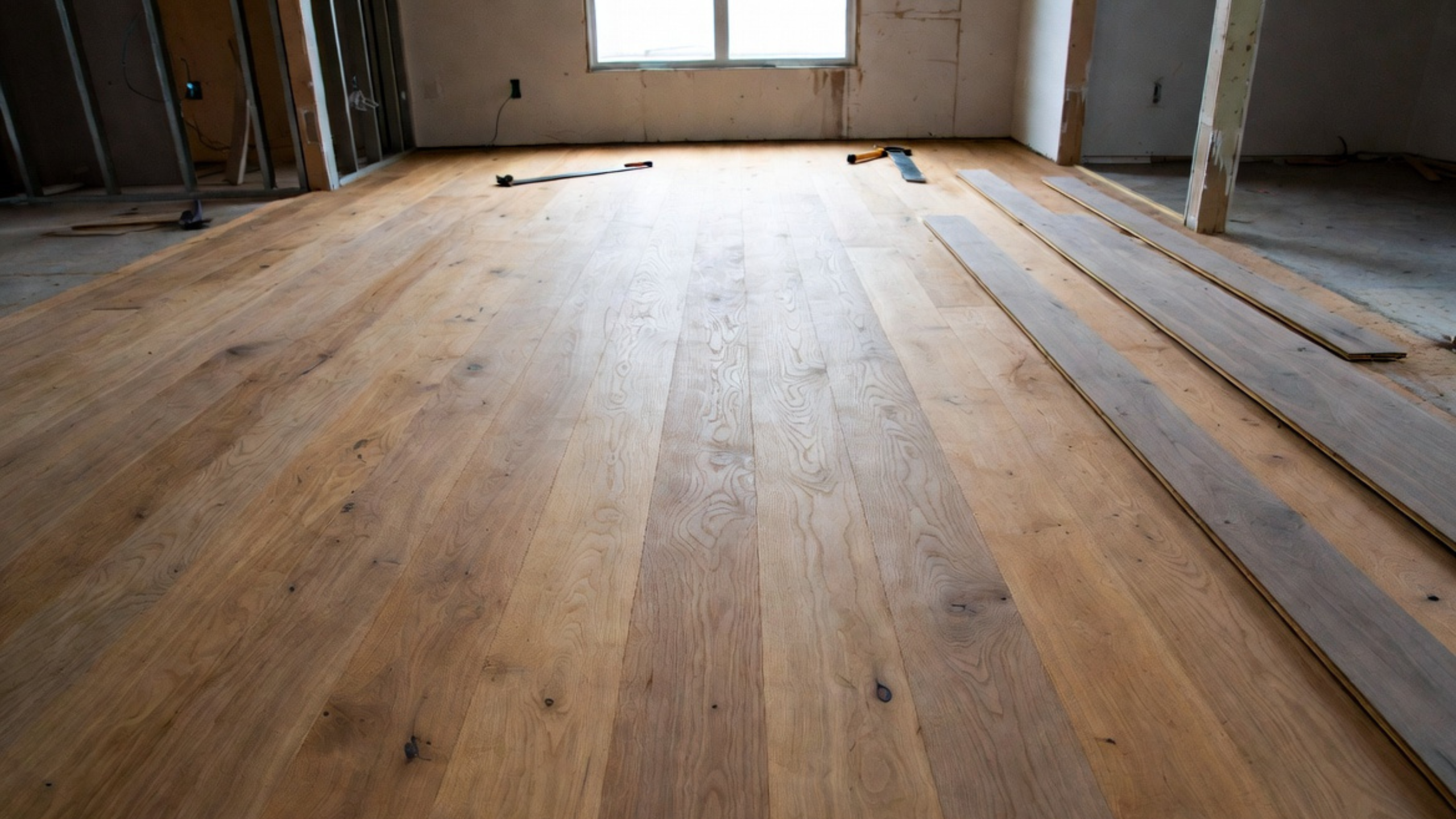 Unfinished hardwood flooring being installed in a renovated room.