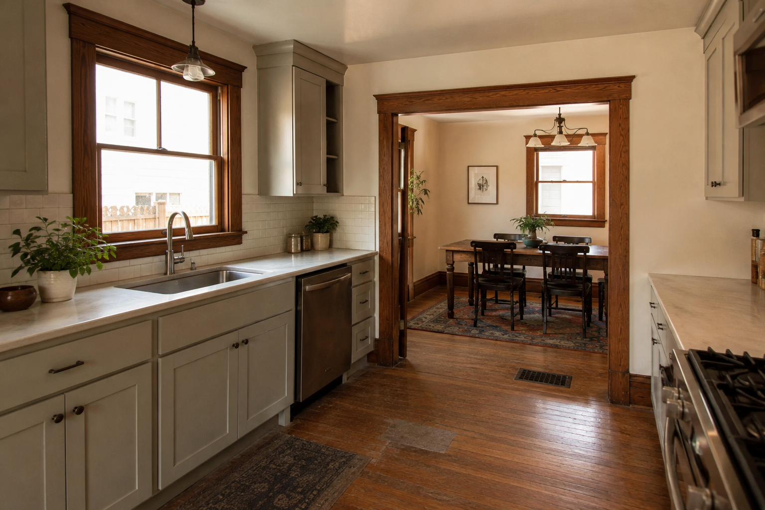 Updated Craftsman kitchen with simple cabinets, wood floors, and old trim.