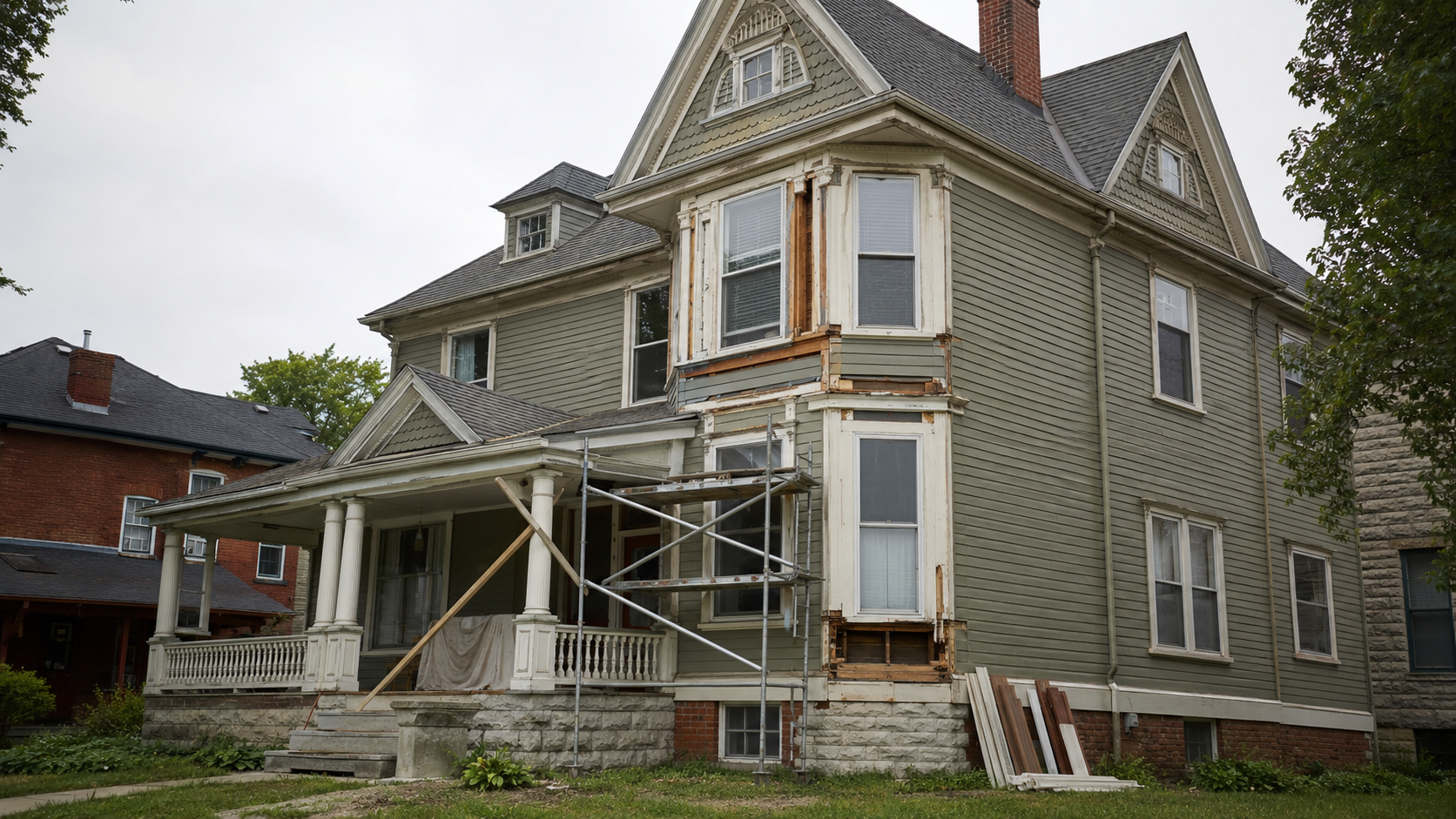 Victorian house undergoing bay-window, porch, and exterior wood-trim repairs.