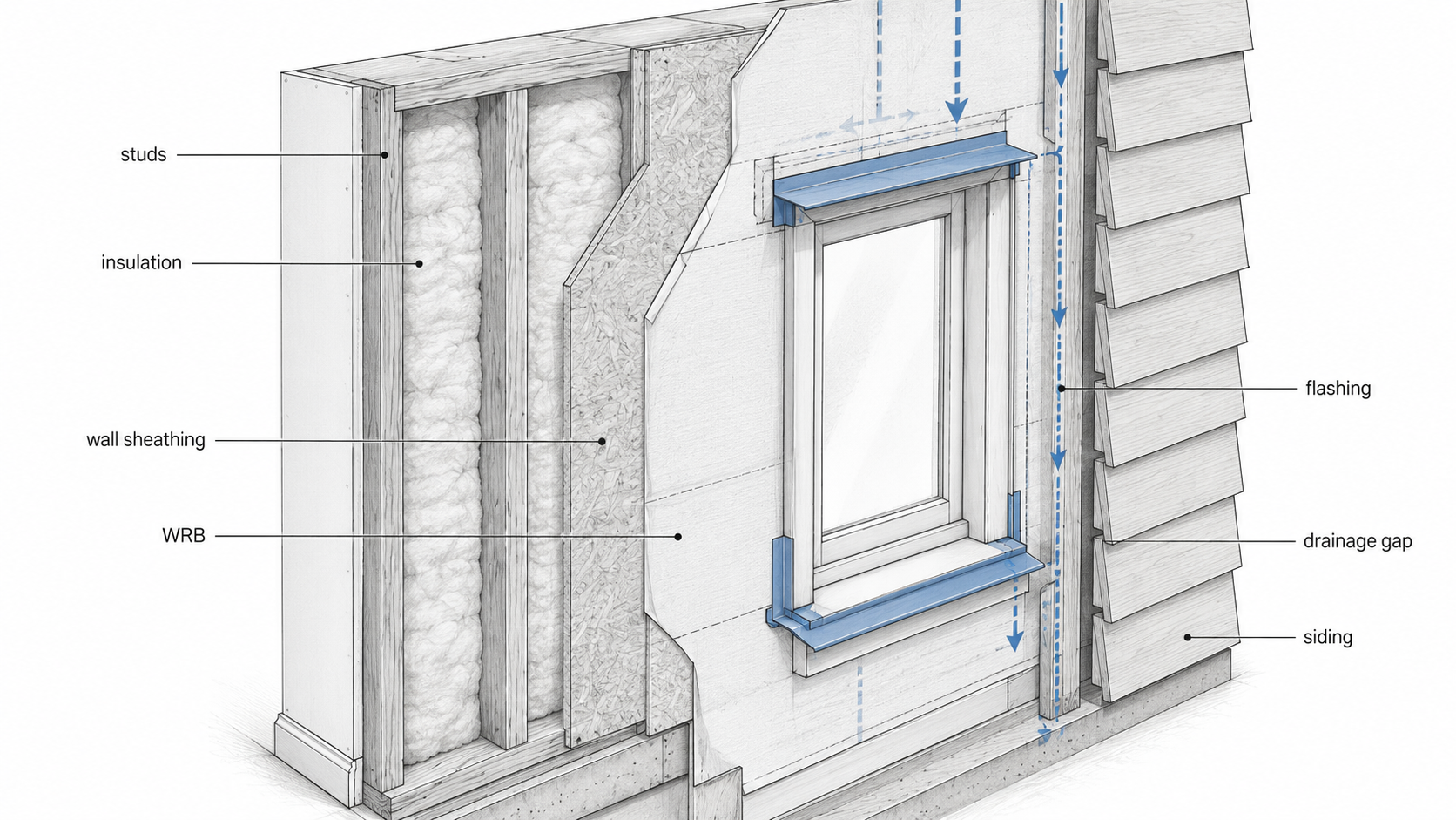 Diagram showing exterior wall sheathing between studs, WRB, flashing, drainage gap, and siding.