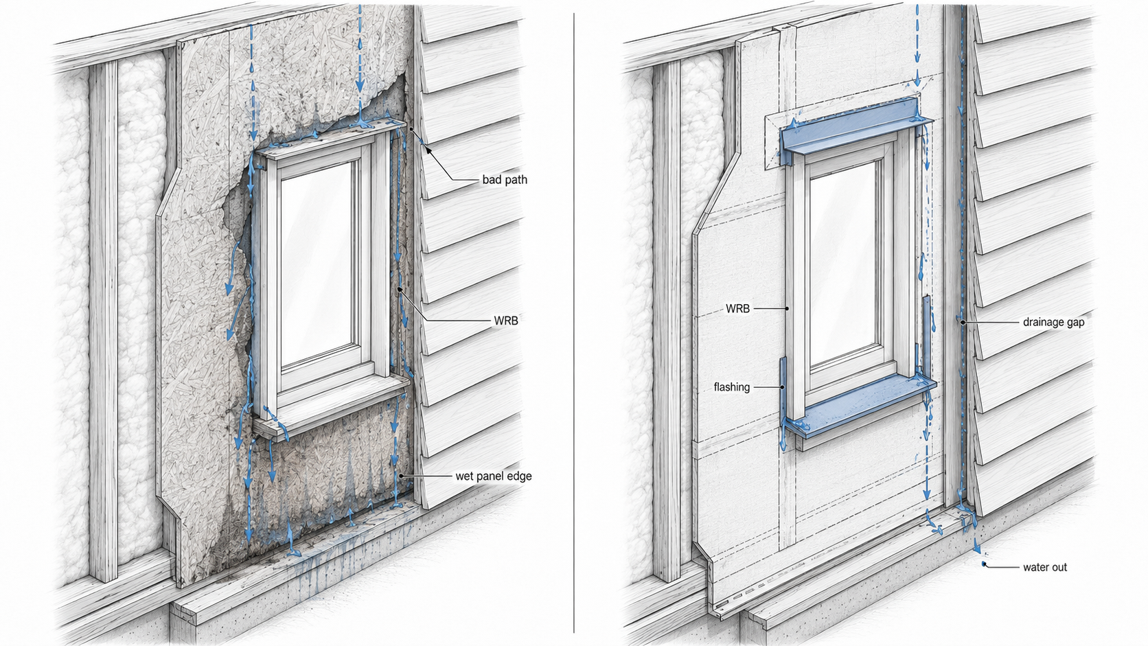 Diagram showing how bad flashing, trapped water, and poor drainage damage exterior wall sheathing.
