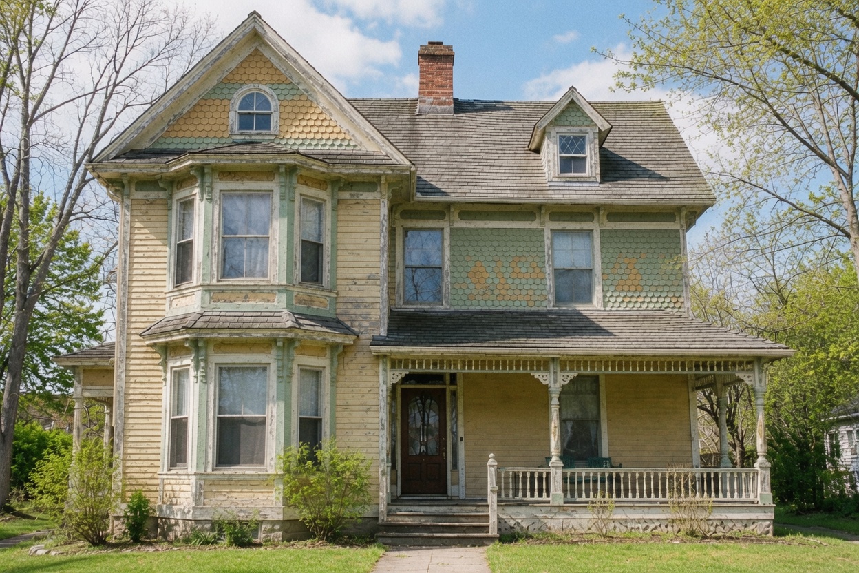 Weathered Queen Anne house with patterned shingles, projecting bay windows and an aging front porch.