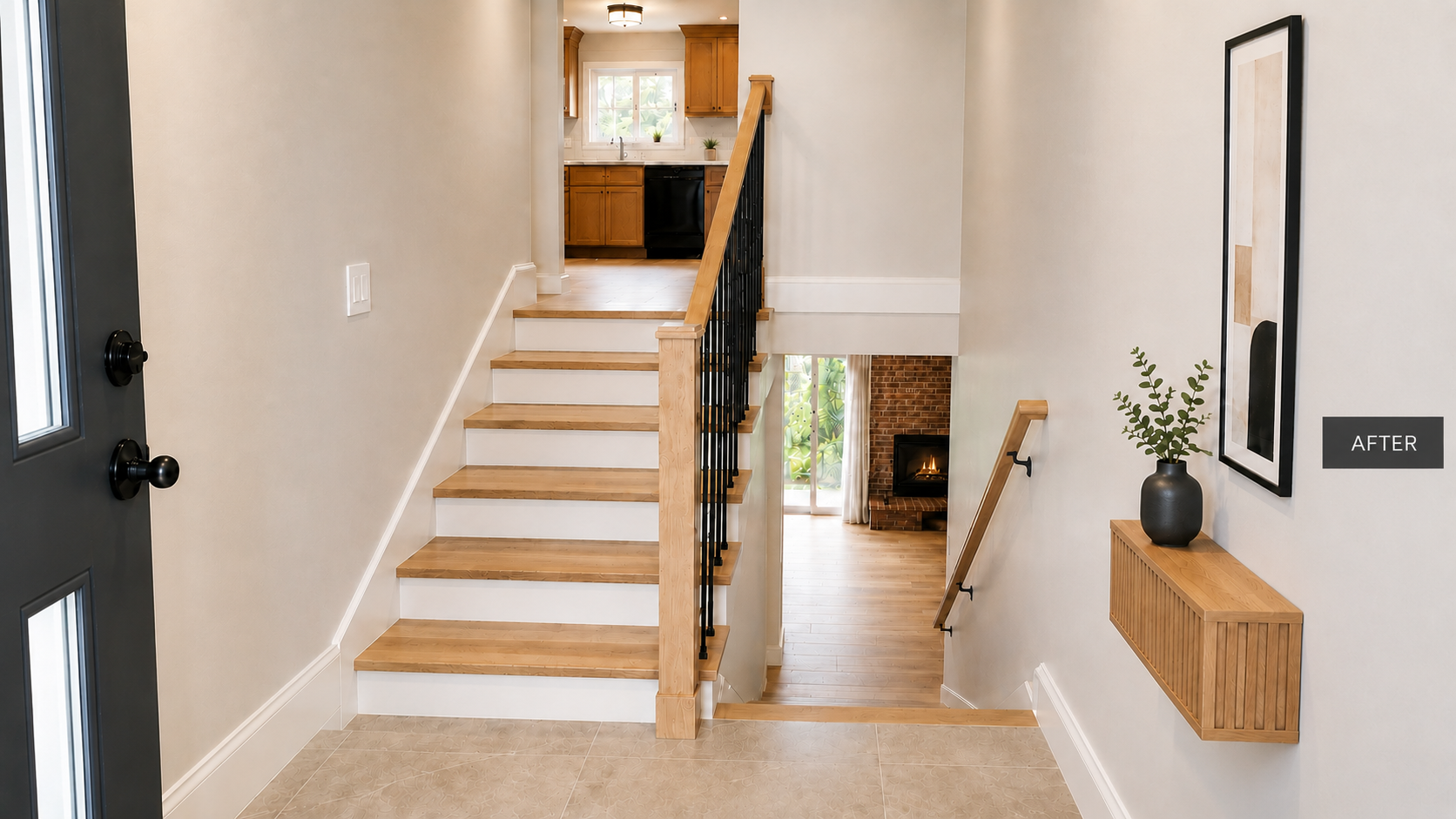Remodeled split-level entry with wood stairs, black balusters, stone-look flooring, and shallow wall storage.