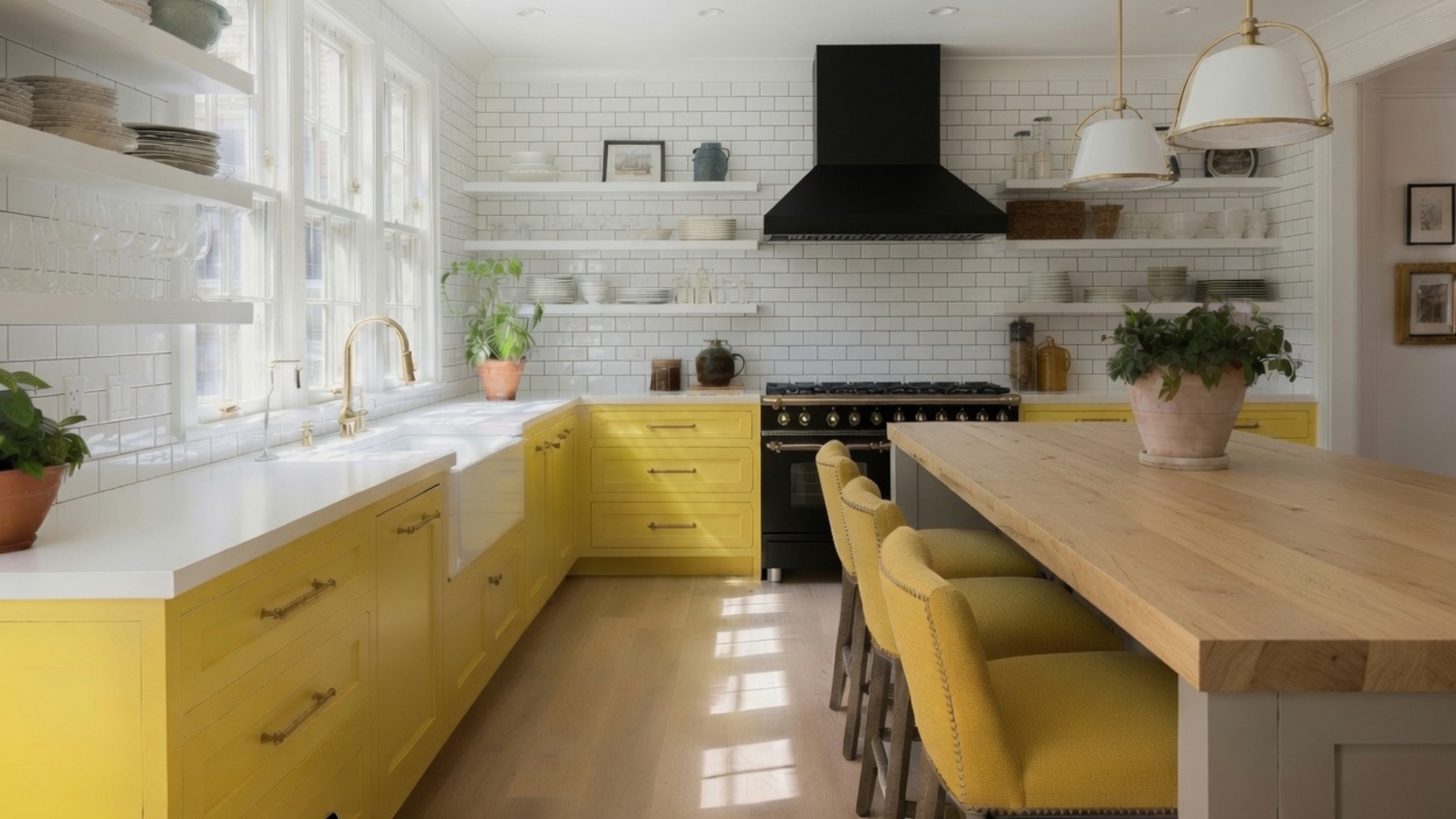 Yellow lower cabinets with white tile, a black range hood and a natural wood island.