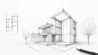 Architectural drawing of a modern house with perspective guide lines, a floor plan, and a drafting pencil.