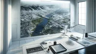 Depiction of macro site analysis in architecture, showing a workspace with maps, charts, and a large-scale aerial view of regional infrastructure.