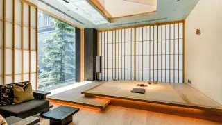 A modern living room incorporating Engawa architecture, blending indoor and outdoor spaces.