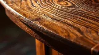 Deep swirls of mahogany wood grain flow across a polished surface, highlighted by dramatic lighting.