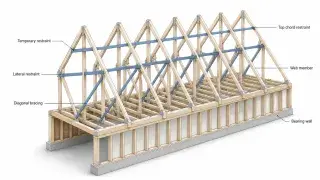 Roof truss bracing system showing temporary restraint, lateral restraint, diagonal bracing, top chord restraint, web members, and bearing wall.