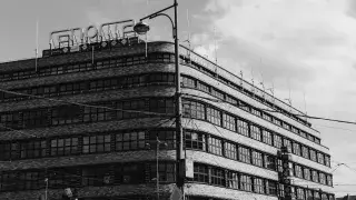 Early modernist Renoma shopping mall with streamlined facade in Wrocław