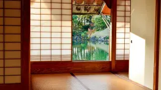 Traditional Japanese house with a brown wooden door near a body of water.