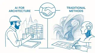 An infographic showing an architect modeling buildings on a tablet, a handshake icon symbolizing collaboration, and a robot hand designing a spiral staircase.