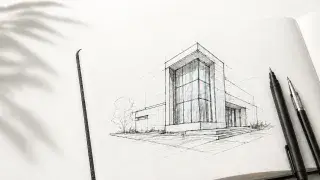 Architectural sketching tools, compass, and hand-drawn building sketches.