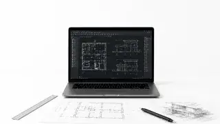 Minimal architecture school workspace with a laptop showing CAD drawings, floor plans, sketch paper, ruler, and drafting pen for a B.Arch degree article.