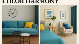 Living room and bedroom side-by-side showcasing teal, yellow, and blue accents for color harmony in modern interior design.