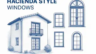 Hacienda-style windows including arched, wood-framed, and iron-grilled types.