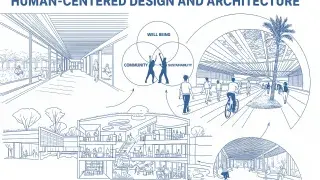 A modern human-centered architectural space with trees, open areas, and collaborative zones.