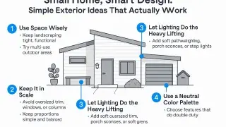 Simple home exterior layout showing small outdoor spaces, lighting, and design elements.