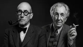 Black-and-white editorial image for a Wright and Le Corbusier architecture comparison article, showing two historic modern architecture figures in a dramatic portrait style.
