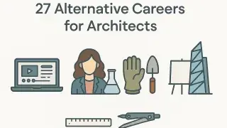 Flat-design infographic showing icons of 27 alternative careers for architects.