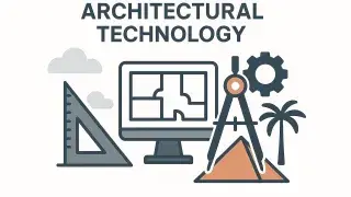 Drafting tools, monitor with floor plan, gear, and compass for architecture tech.