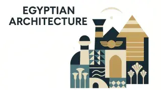 Egyptian architecture with pyramid, papyrus columns, and symbolic motifs