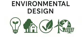 Environmental design with sustainable elements and green symbols.