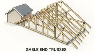 A gable end trusses with a partial house structure and exposed wooden framing.