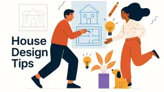 Illustration of two people discussing a house floor plan with design tools, ideas, and home elements.