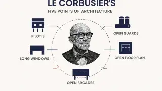 Infographic showing Le Corbusier’s portrait with icons for five architectural principles.