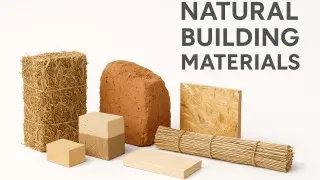 Natural building materials collage with wood, clay, straw, and stone textures.