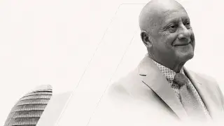 Norman Foster shown with high-tech architecture forms, including a curved glass tower inspired by his modern building designs.