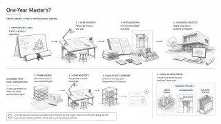 Illustration by ArchitectureCourses.org. A one-year architecture master’s usually works as advanced study after a professional degree. It should not be confused with a first professional M.Arch path for licensure.