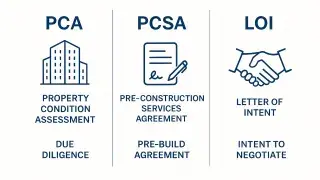 Comparison chart showing PCA, PCSA, and LOI in construction and real estate agreements.