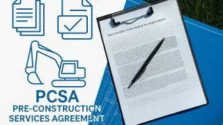 PCSA agreement clipboard on blueprints with digital icons and title overlay