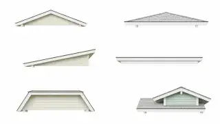 Comparison diagram of gable, hip, shed, flat, mansard, and Dutch gable roof lines.