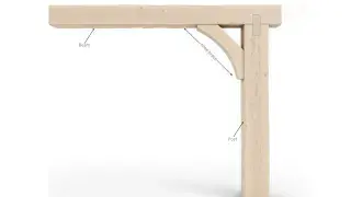 Timber frame beam, post, and knee brace detail showing how the brace stiffens and supports the beam-to-post connection.