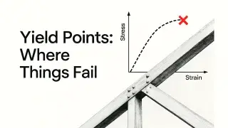 Stress-strain curve with red X marking yield point next to a bolted wooden truss joint.