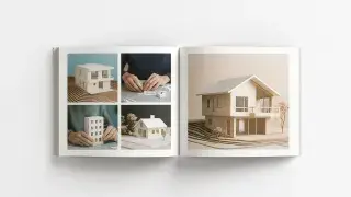 Open book displaying architectural model making with hands assembling models and a detailed house model.