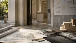 Architecture school entrance with pinned drawings, architectural models, rolled plans, books, and portfolio materials in a quiet institutional setting.
